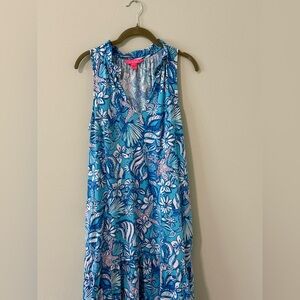 Lilly Pulitzer Blue & White Tropical V-Neck Sundress w/ pockets